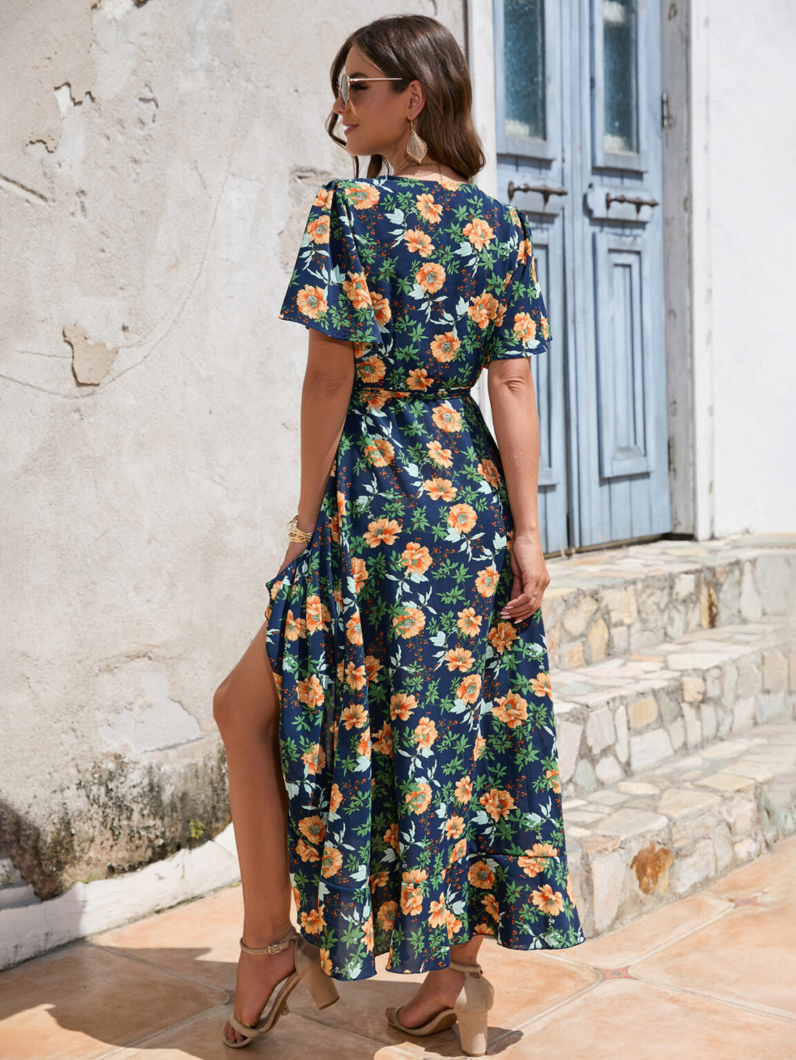 Women  Summer Flower Print Flounce Short Sleeve Irregular Strap Dress Beach Holiday Dress - Image 2