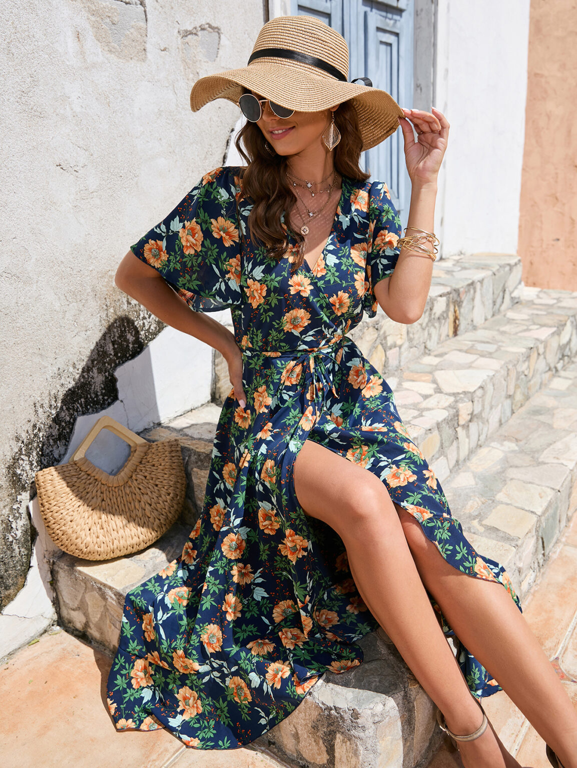 Women  Summer Flower Print Flounce Short Sleeve Irregular Strap Dress Beach Holiday Dress - Image 3
