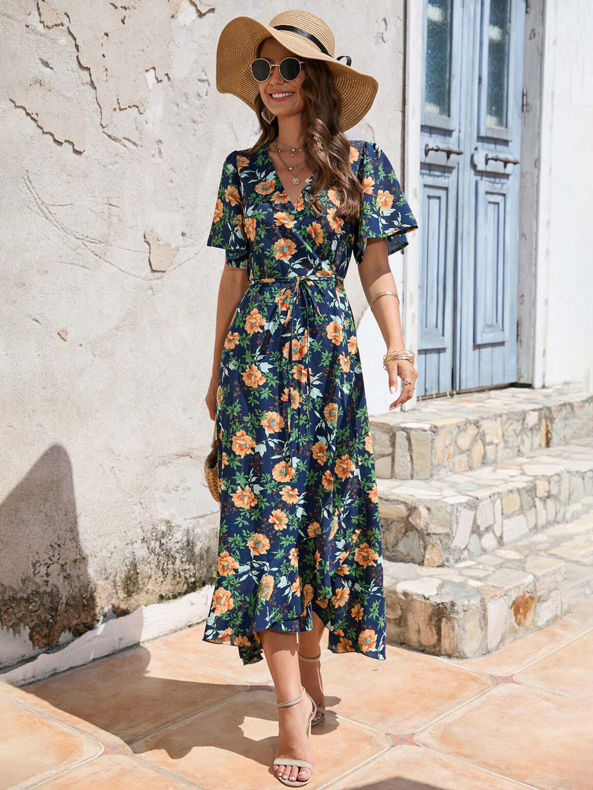 Women  Summer Flower Print Flounce Short Sleeve Irregular Strap Dress Beach Holiday Dress - Image 4