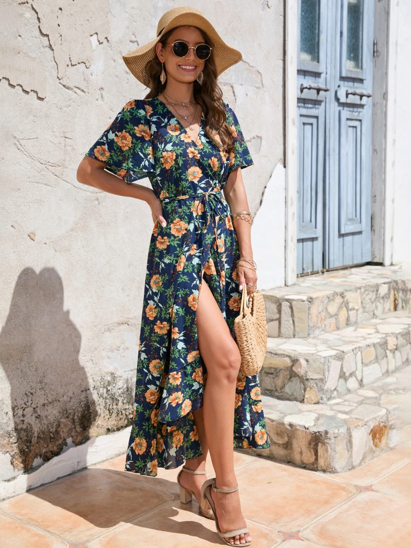 Women  Summer Flower Print Flounce Short Sleeve Irregular Strap Dress Beach Holiday Dress - Image 5