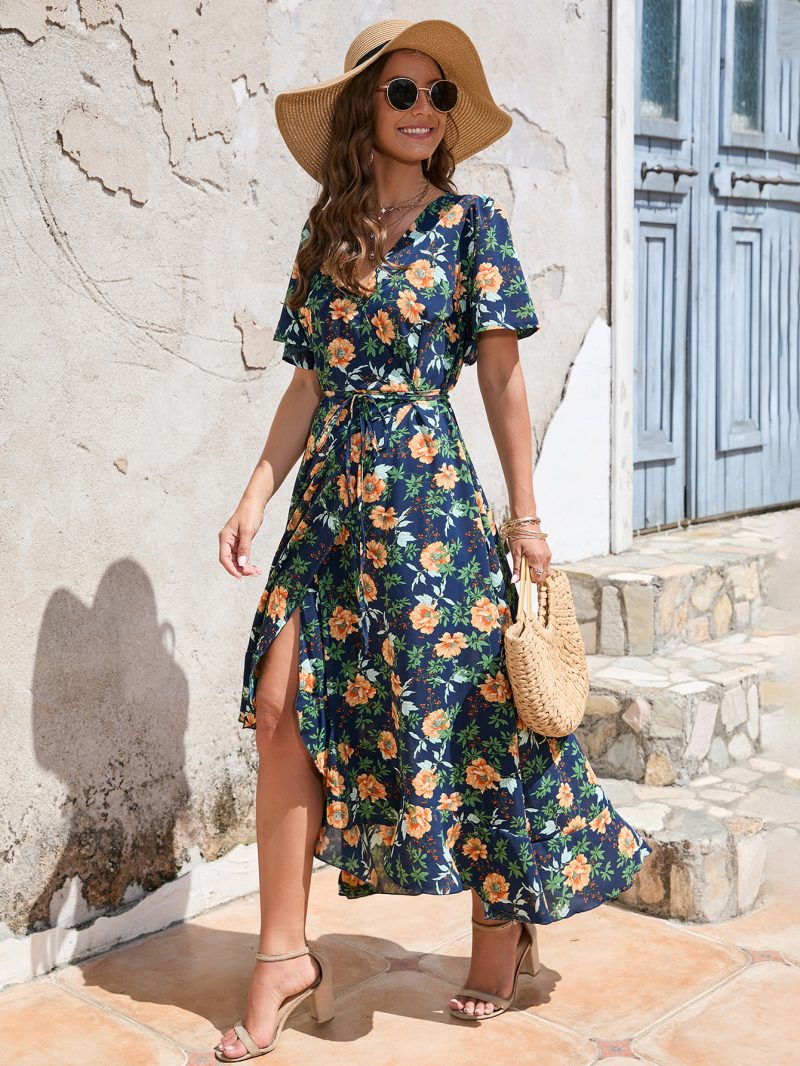 Women  Summer Flower Print Flounce Short Sleeve Irregular Strap Dress Beach Holiday Dress - Image 6