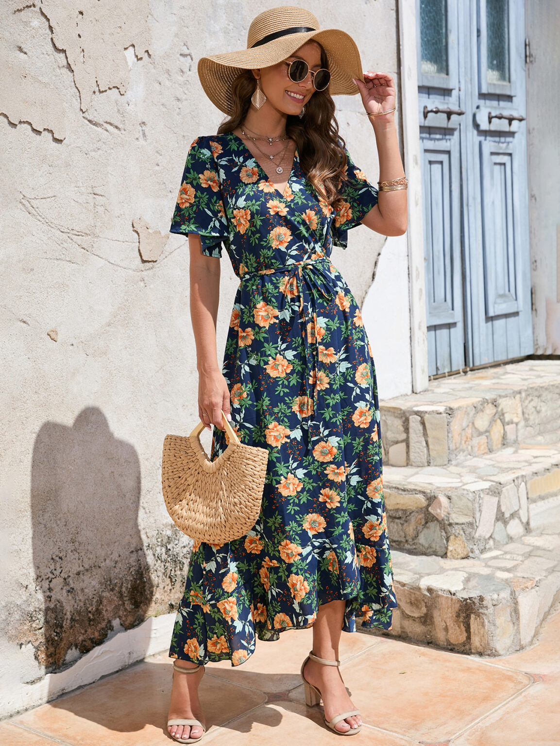 Women  Summer Flower Print Flounce Short Sleeve Irregular Strap Dress Beach Holiday Dress - Image 7