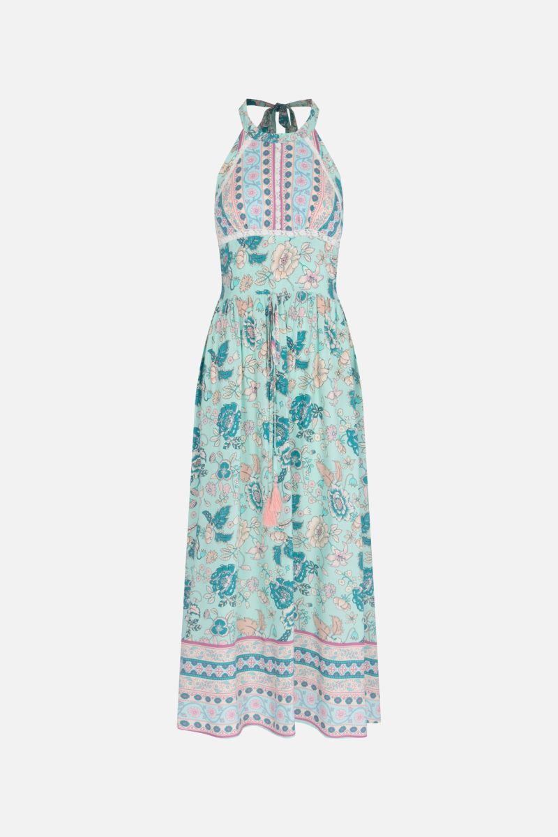 Women Summer Halter Floral Smocked Tie Vacation  Bohomian  Sexy A line Maxi Dress