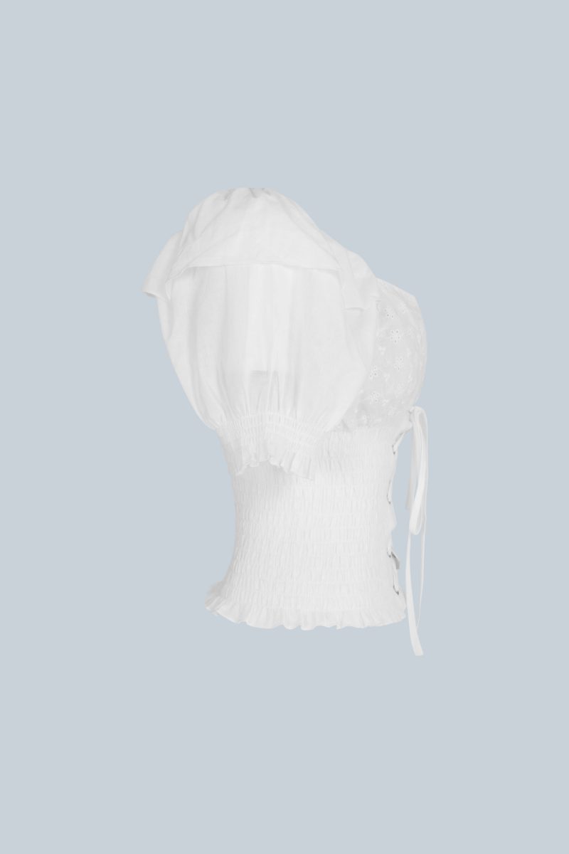 Women Clothing  Summer V neck Elegant Lace up Smocked  Embroidery Regular Soild Blouses - Image 2
