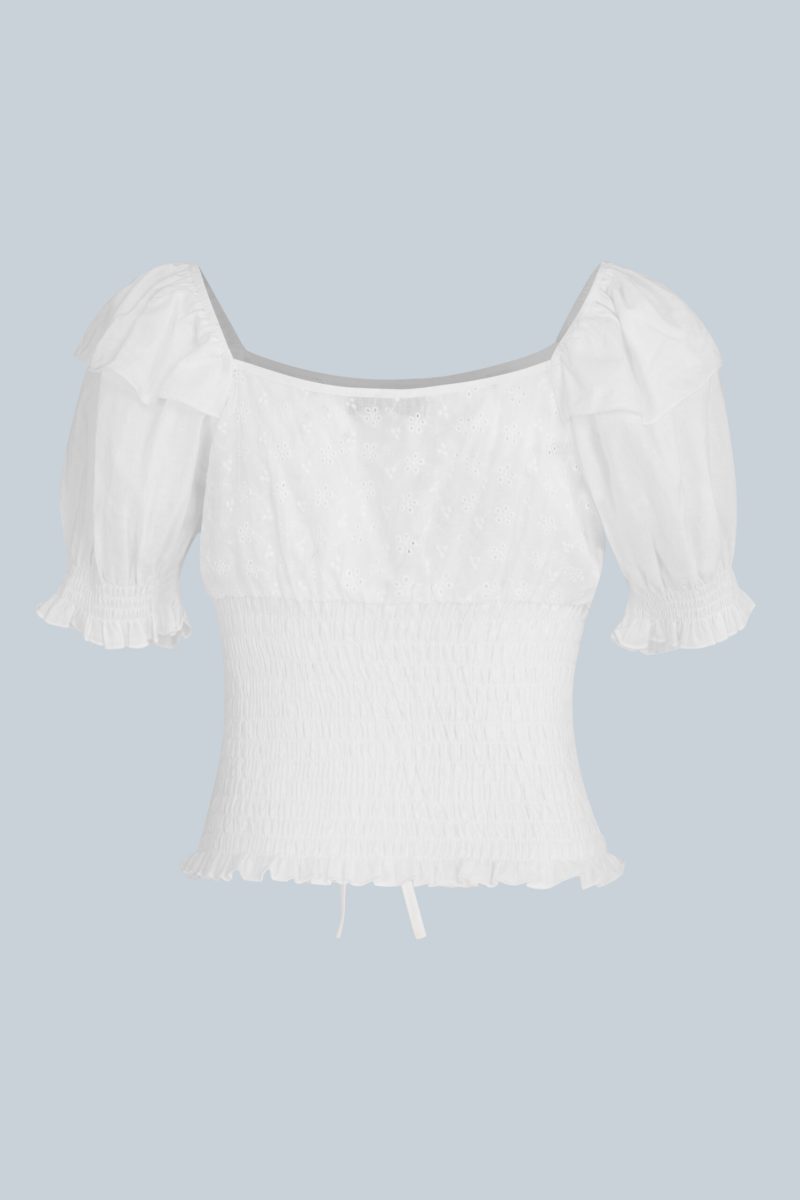 Women Clothing  Summer V neck Elegant Lace up Smocked  Embroidery Regular Soild Blouses - Image 3