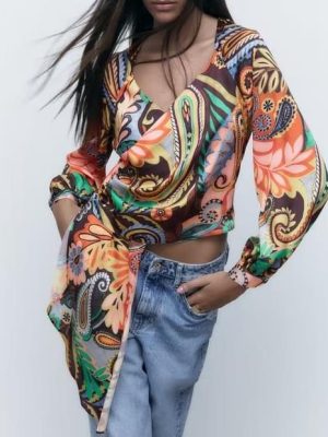 Women Clothing Autumn Printed Double Breasted Top