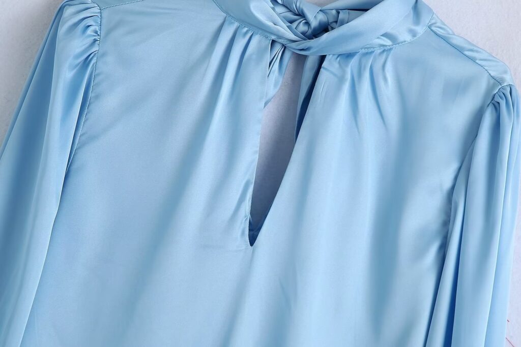 Spring Summer Women Clothing French Design Blue Bow Shirt Top - Image 3