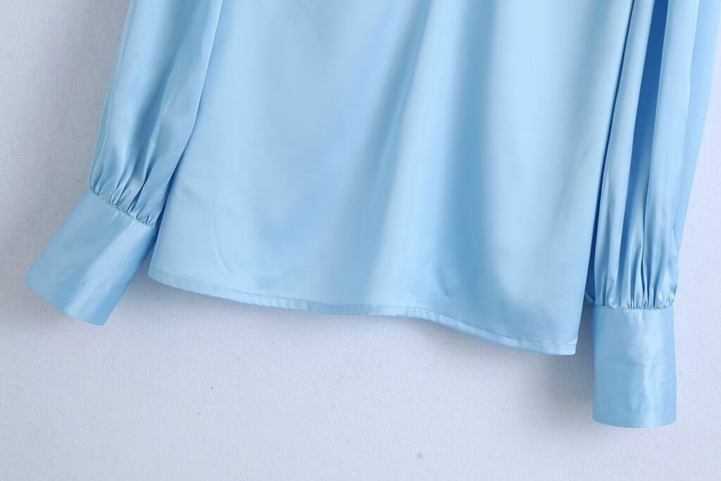 Spring Summer Women Clothing French Design Blue Bow Shirt Top - Image 4