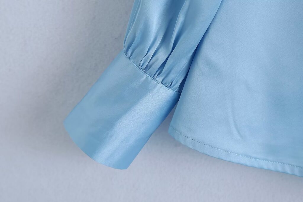 Spring Summer Women Clothing French Design Blue Bow Shirt Top - Image 6