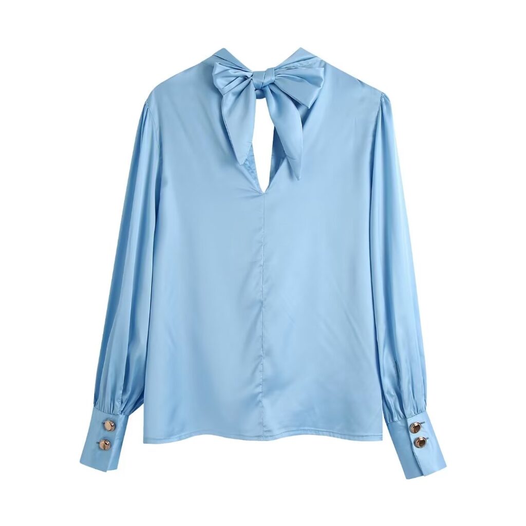 Spring Summer Women Clothing French Design Blue Bow Shirt Top - Image 2