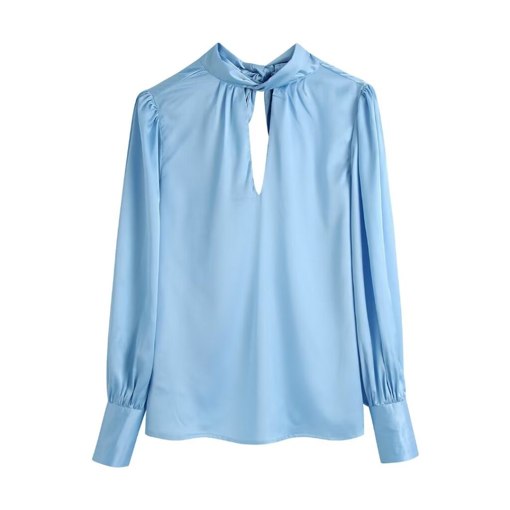 Spring Summer Women Clothing French Design Blue Bow Shirt Top
