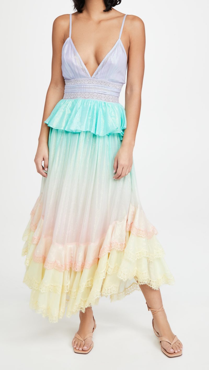 Spring Lace Gradient Cami Dress Ruffled Fitted Waist Backless Maxi Dress
