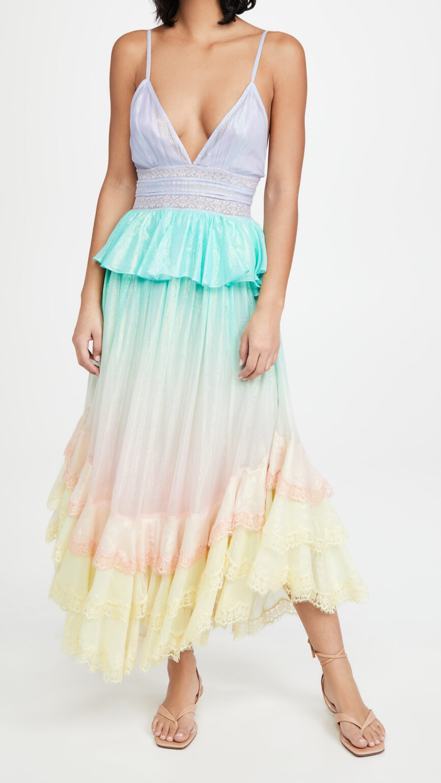 Spring Lace Gradient Cami Dress Ruffled Fitted Waist Backless Maxi Dress