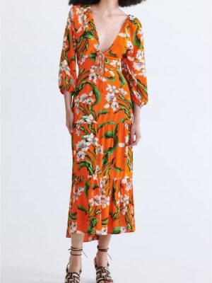 Summer Hollow Out Cutout Design Printed Long Sleeve Maxi Dress