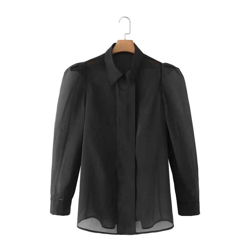 Spring Thin Type  Silk Chiffon Long Sleeved Shirt Transparent Mesh Black Top Women