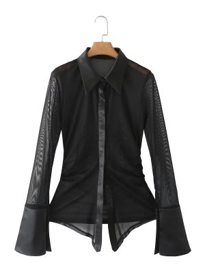 Lace Long-Sleeved Shirt Women Closed Collared Sexy Short Top Button Cardigan