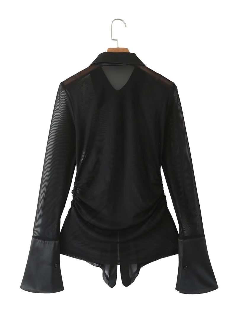 Lace Long-Sleeved Shirt Women Closed Collared Sexy Short Top Button Cardigan - Image 2