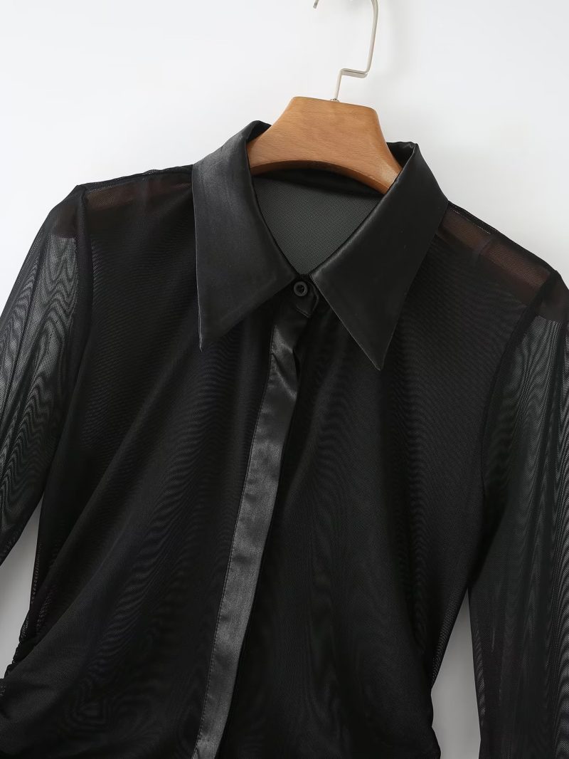 Lace Long-Sleeved Shirt Women Closed Collared Sexy Short Top Button Cardigan - Image 3