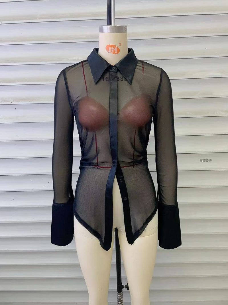 Lace Long-Sleeved Shirt Women Closed Collared Sexy Short Top Button Cardigan - Image 9