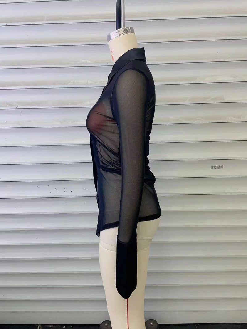Lace Long-Sleeved Shirt Women Closed Collared Sexy Short Top Button Cardigan - Image 11