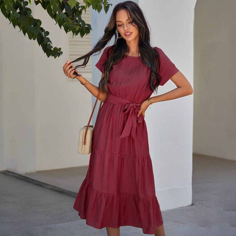 Spring Summer Waist Simple Solid Color Dress For Women - Image 6