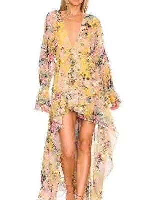 Women Sping Fall V Neck Vacation Long Sleeve Floral A Line Maxi Ruffled Tiered High Low Dress