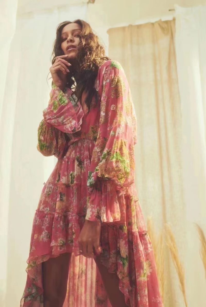 Women Sping Fall V Neck Vacation Long Sleeve Floral A Line Maxi Ruffled Tiered High Low Dress - Image 3