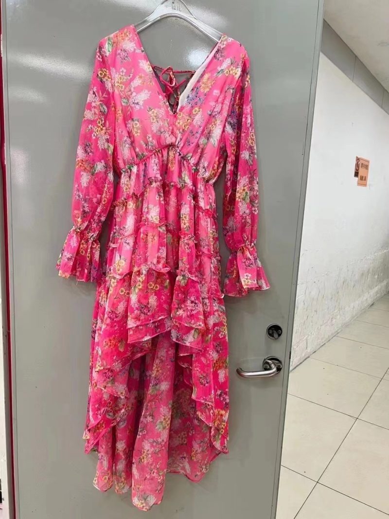 Women Sping Fall V Neck Vacation Long Sleeve Floral A Line Maxi Ruffled Tiered High Low Dress - Image 6