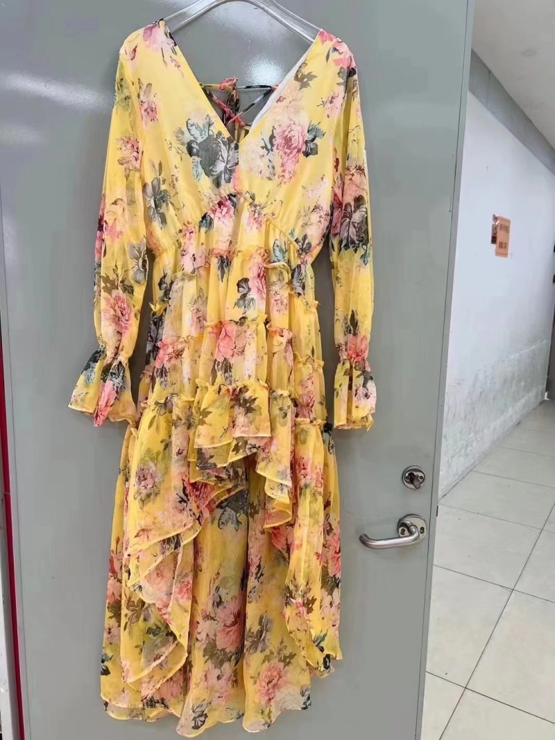 Women Sping Fall V Neck Vacation Long Sleeve Floral A Line Maxi Ruffled Tiered High Low Dress - Image 7