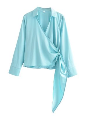 Autumn Women Clothing Urban Casual Silk Satin Texture Double Breasted Shirt