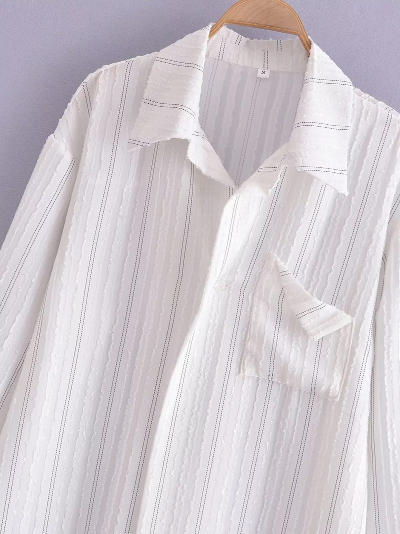 Loose Lazy Missing Mid Length White Striped Shirt Long Sleeve Top Women - Image 2
