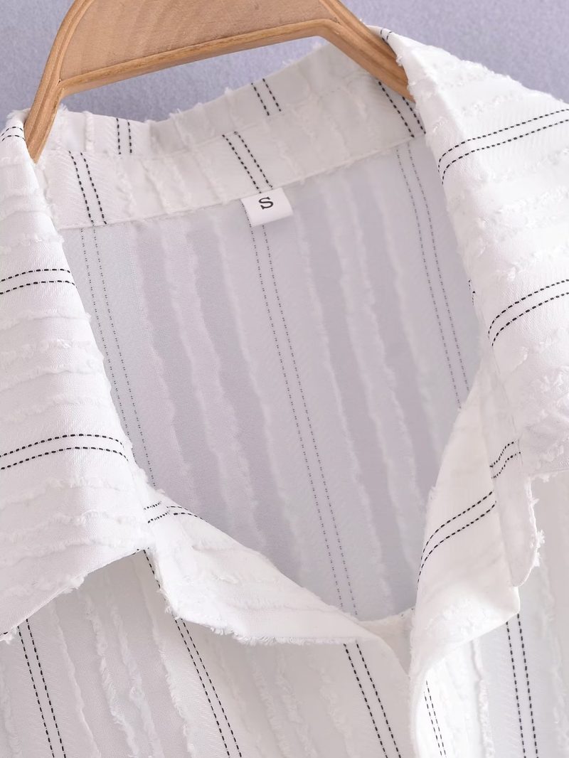 Loose Lazy Missing Mid Length White Striped Shirt Long Sleeve Top Women - Image 5
