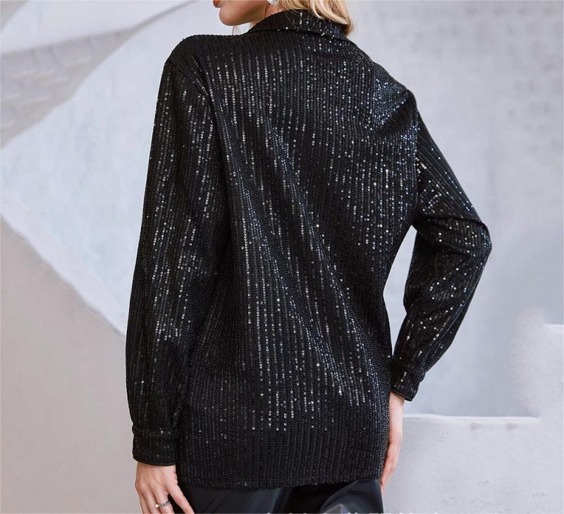 Autumn Winter WomenClothing Gorgeous Slim Shirt Casual Sequin Long Sleeve Turn down Collar Coat - Image 2