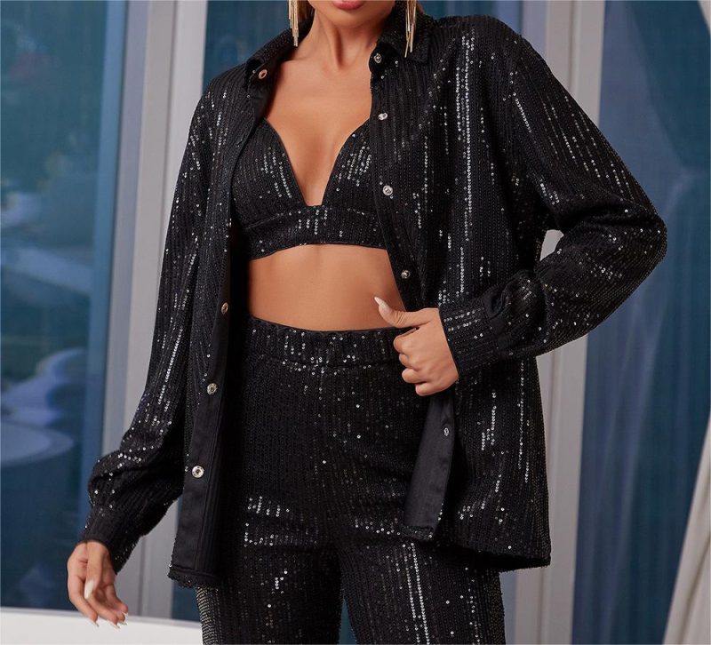 Autumn Winter WomenClothing Gorgeous Slim Shirt Casual Sequin Long Sleeve Turn down Collar Coat - Image 4