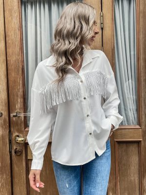 Women Clothing Tassel Long Sleeve Shirt Women Drop Shoulder Sleeve Shirt