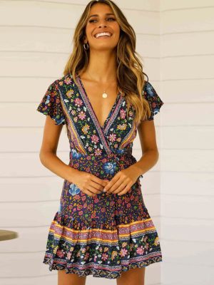 Bohemian Beach Vacation Short Sleeve Printed Dress