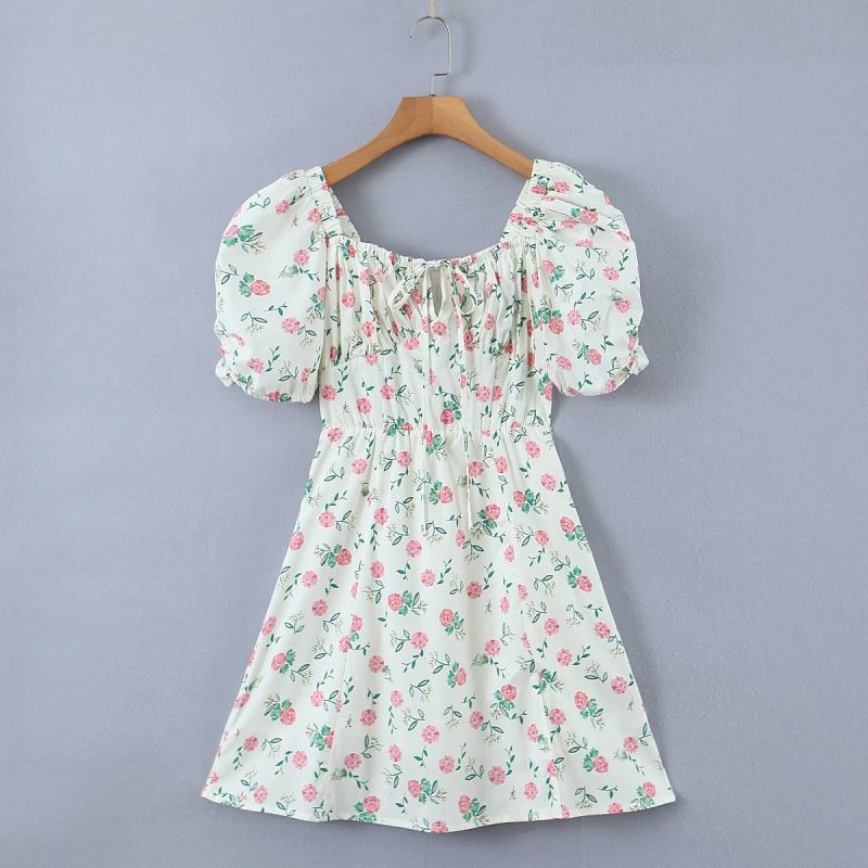 Women Clothing Square Collar Short Sleeve Printed High Waist Slimming Dress - Image 2