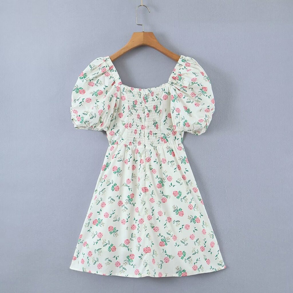Women Clothing Square Collar Short Sleeve Printed High Waist Slimming Dress - Image 3