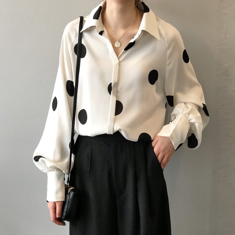 Spring French Retro Polka Dot Chiffon Shirt Women Long Sleeve Loose Korean Shirt Women