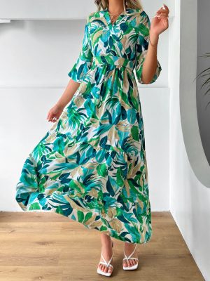 Women  Clothing Floral Dress Bell Sleeve Vacation Dress