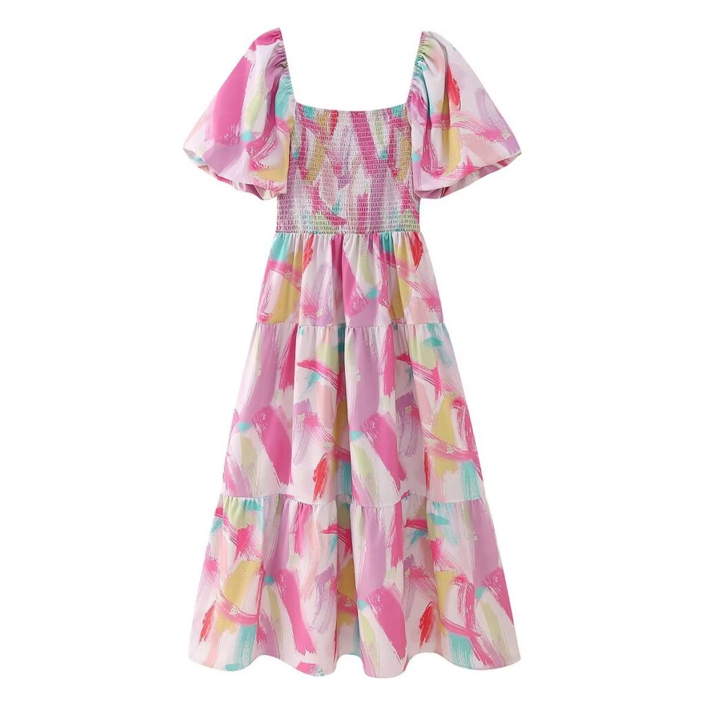 Women Clothing Two Way off Shoulder Lace up Short Sleeve Slim Fit Printed Dress - Image 3