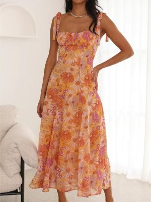 Korean Slim Fit V neck Chest Lace-up Hollow Out Cutout Orange Floral Tied Lotus Leaf Cami Dress