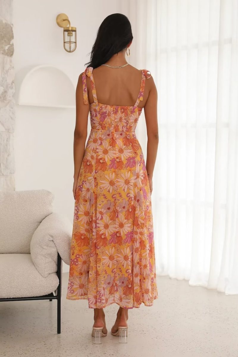 Korean Slim Fit V neck Chest Lace-up Hollow Out Cutout Orange Floral Tied Lotus Leaf Cami Dress - Image 2
