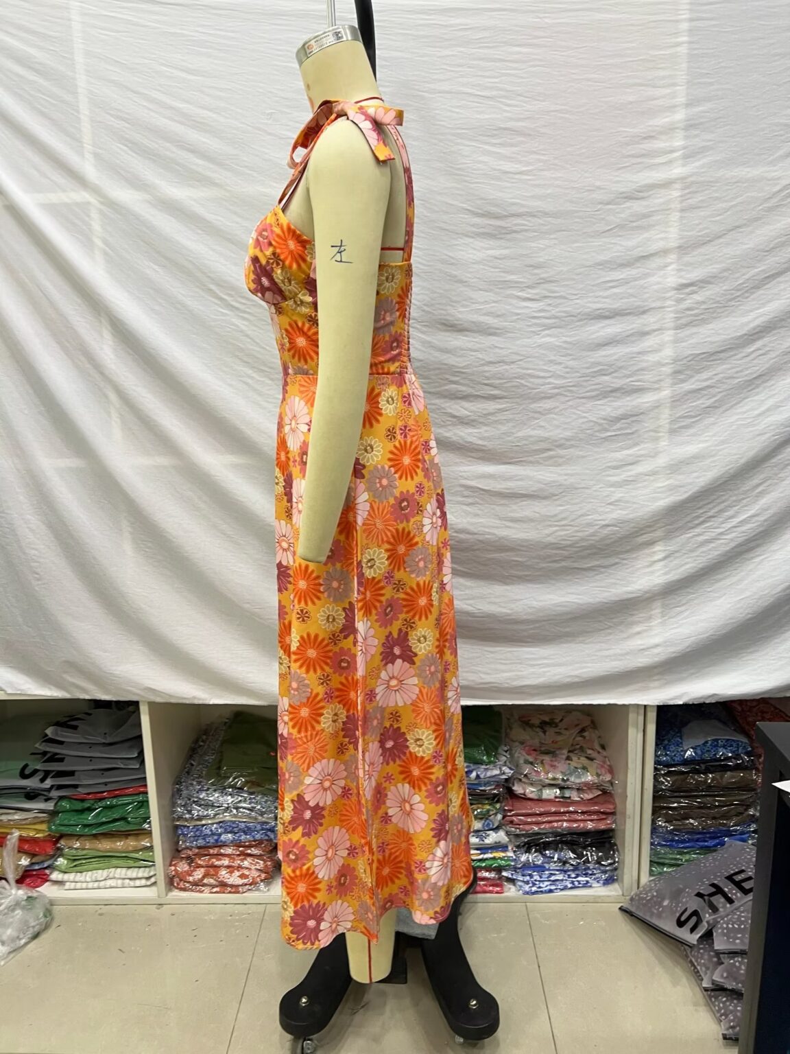 Korean Slim Fit V neck Chest Lace-up Hollow Out Cutout Orange Floral Tied Lotus Leaf Cami Dress - Image 3