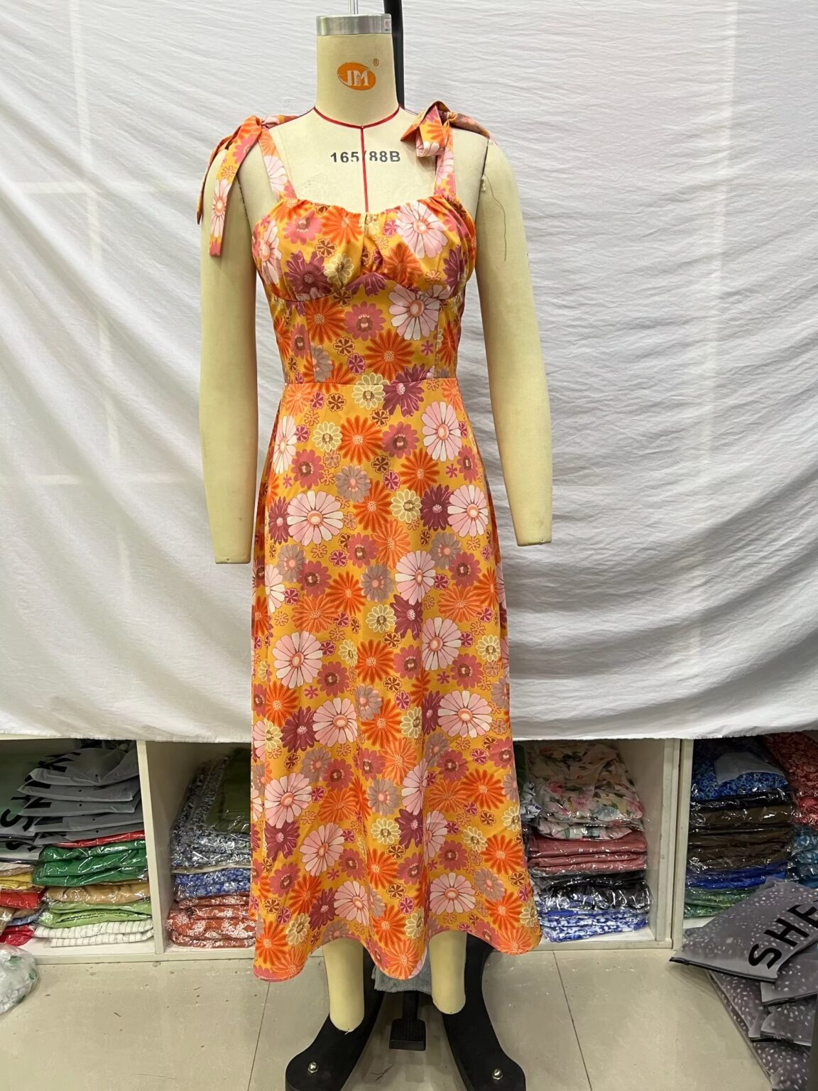 Korean Slim Fit V neck Chest Lace-up Hollow Out Cutout Orange Floral Tied Lotus Leaf Cami Dress - Image 4