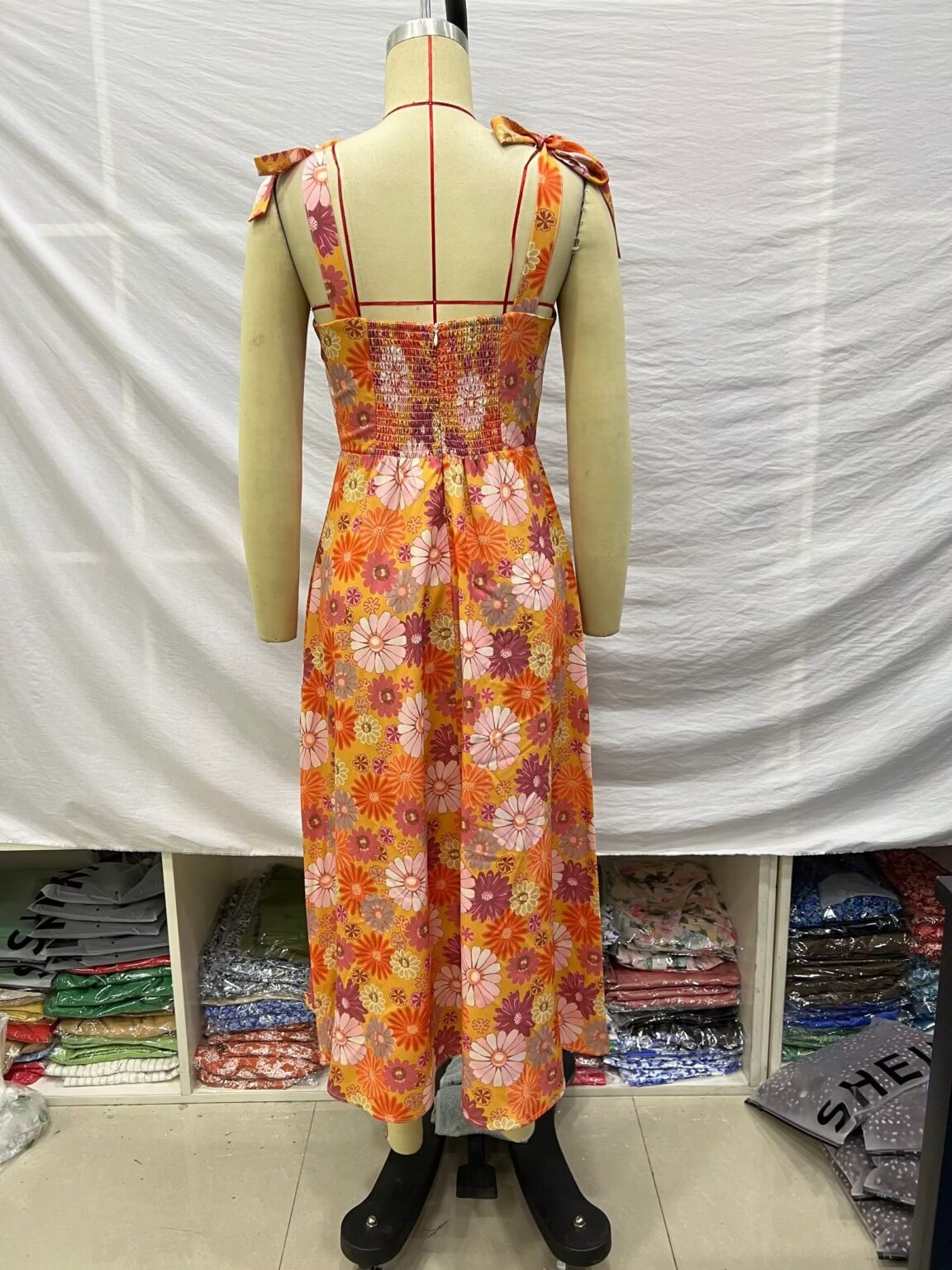 Korean Slim Fit V neck Chest Lace-up Hollow Out Cutout Orange Floral Tied Lotus Leaf Cami Dress - Image 5