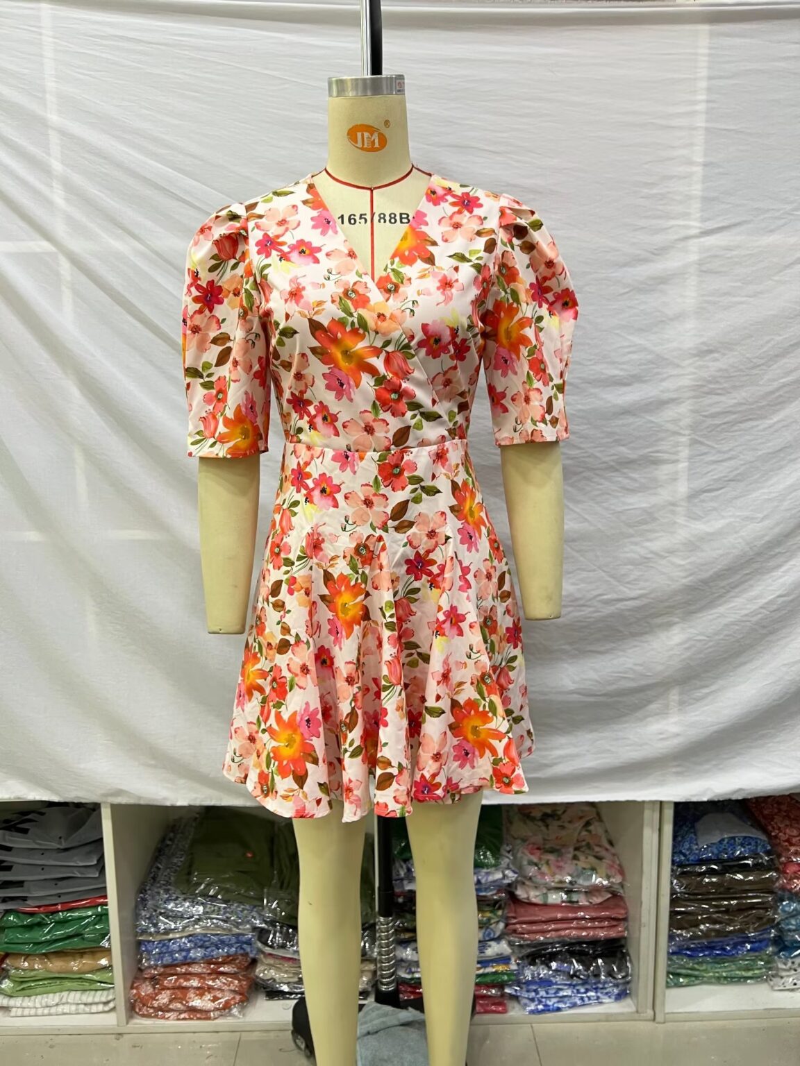 Spring Women Clothing Puff Sleeves Series Belt Floral Dress - Image 3