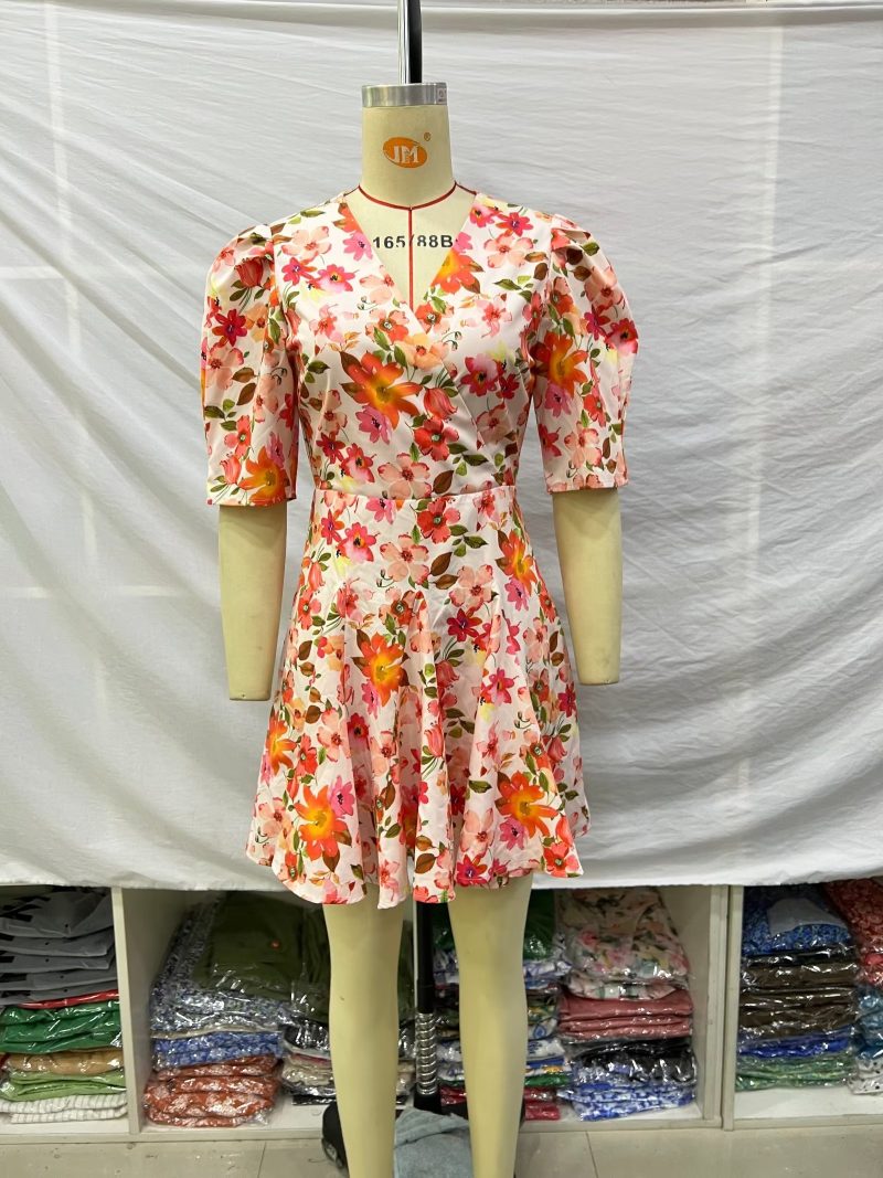 Spring Women Clothing Puff Sleeves Series Belt Floral Dress - Image 3