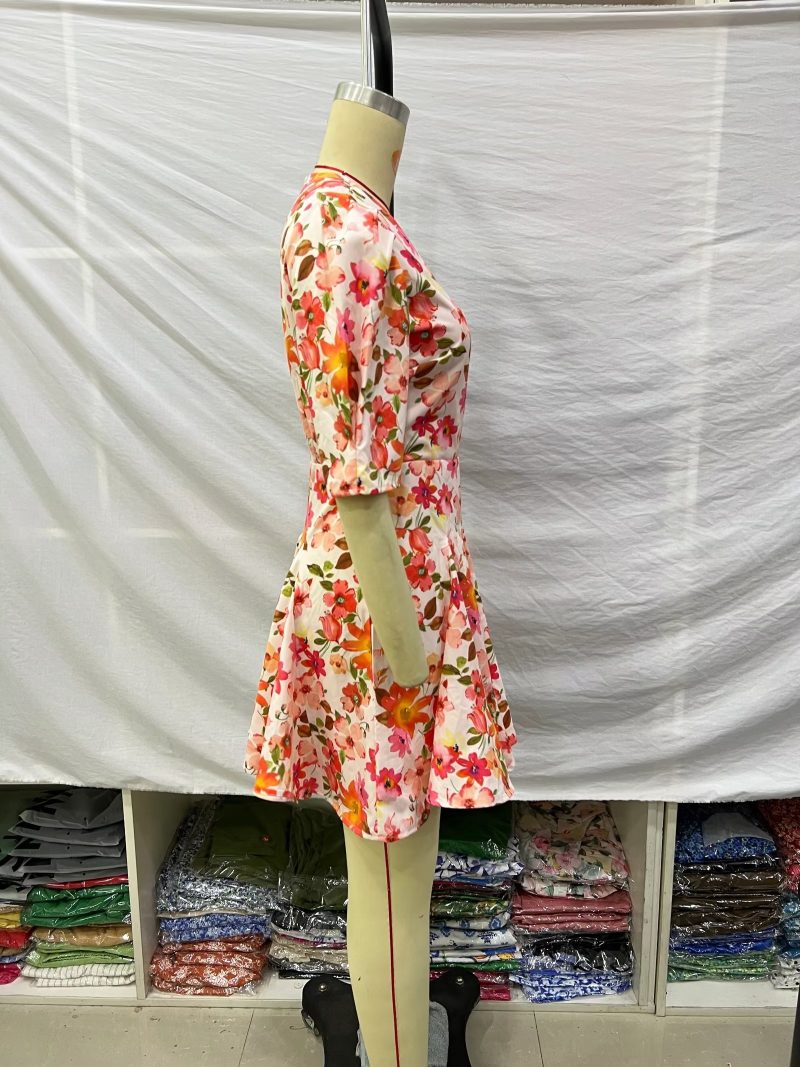 Spring Women Clothing Puff Sleeves Series Belt Floral Dress - Image 4