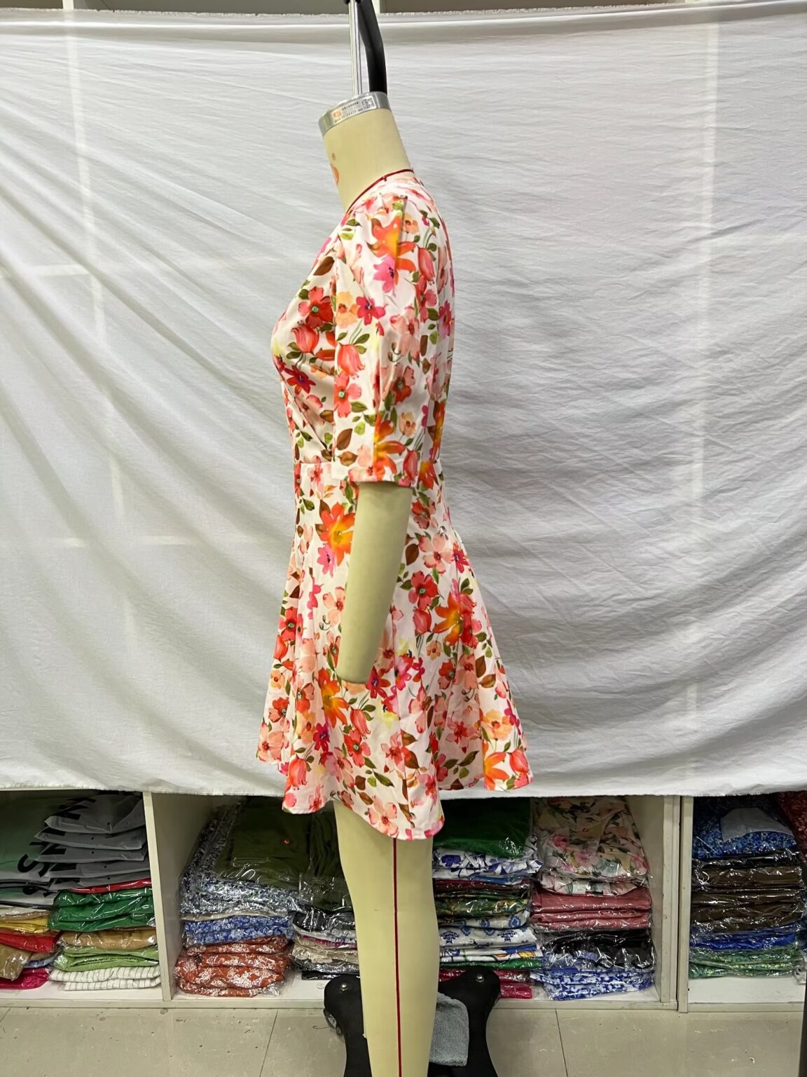 Spring Women Clothing Puff Sleeves Series Belt Floral Dress - Image 5